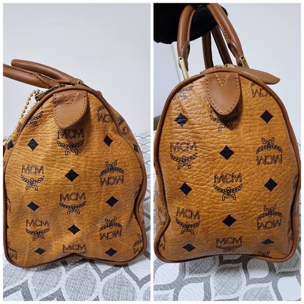 Authentic MCM Visetos Essential Boston Dog Bone Bag Cognac - Picture 9 of 11